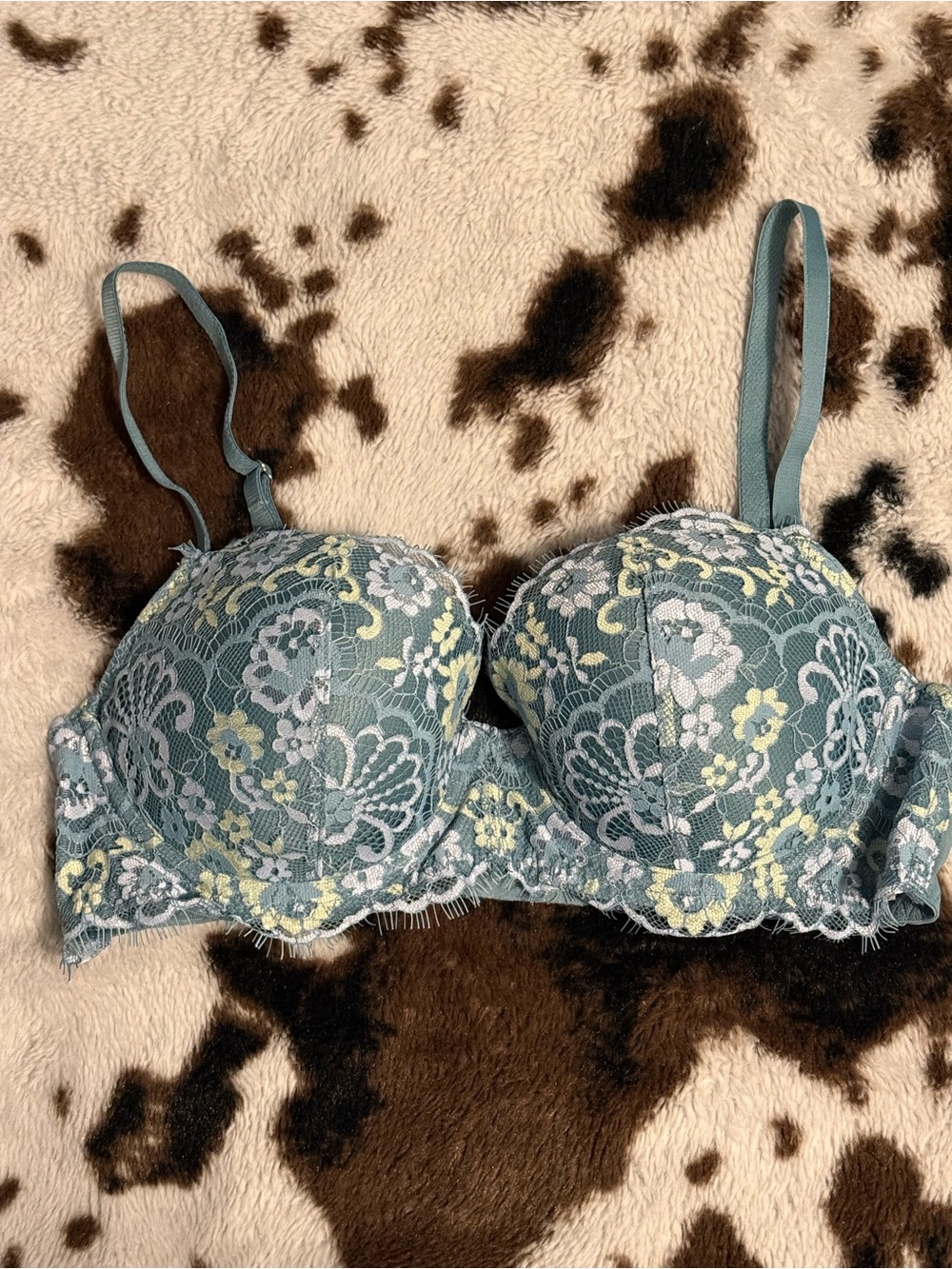Victoria's Secret Teal Lace Bra with Pale Yellow Floral Accents